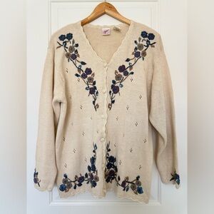 Vintage 90s Graff Coquette Cottagecore Floral Embroidered Knit Cardigan Sweater